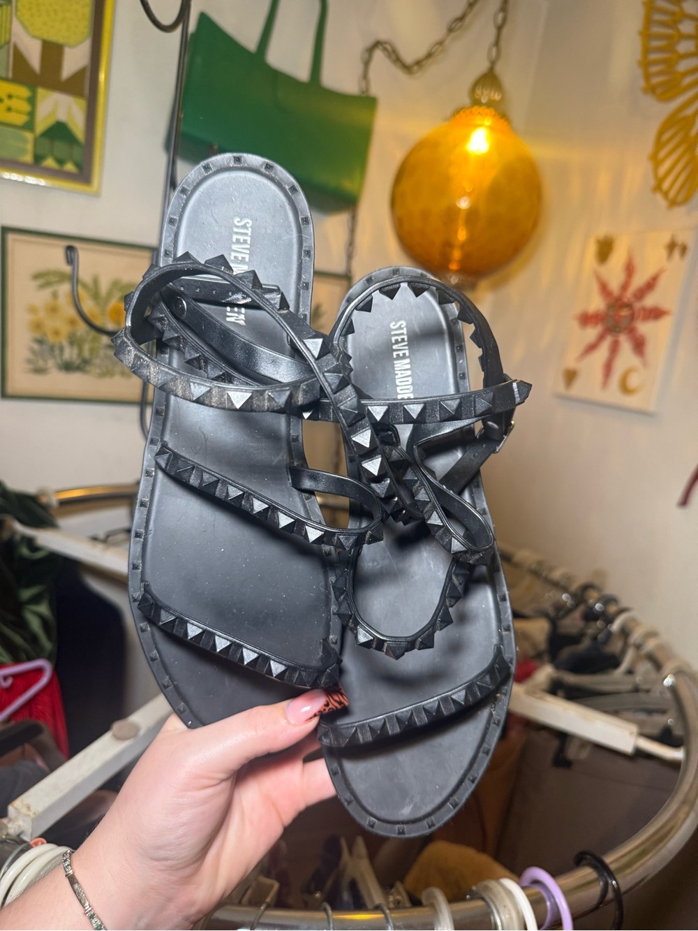 Steve Madden Black Pyramid-Stud Strappy Sandals (Around the ankle strap)